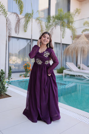 silver crunchy beads embroidered gown for women