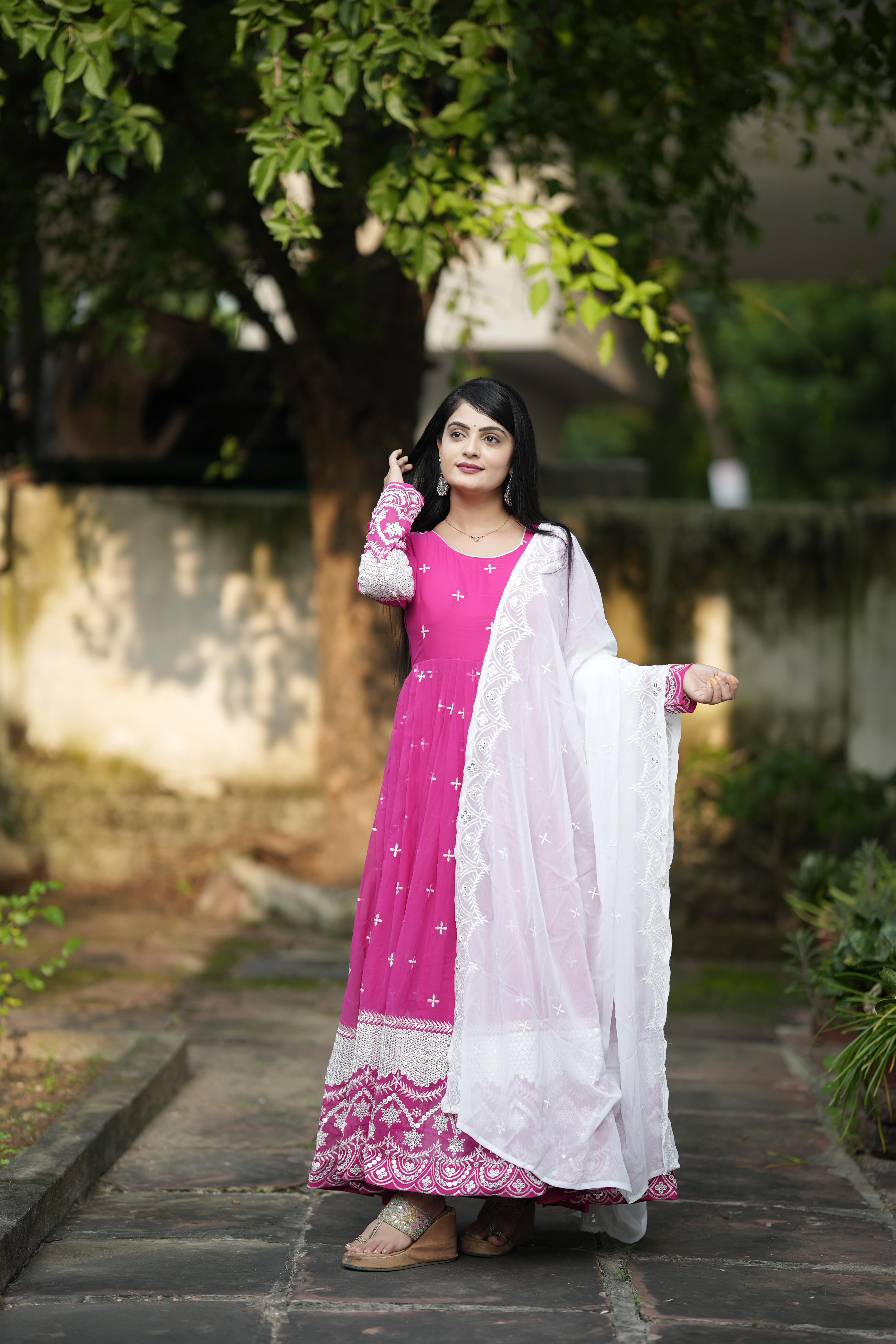 Pink ethnic Anarkali set with pants and dupatta