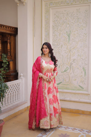 Pink floral Russian silk gown with dupatta