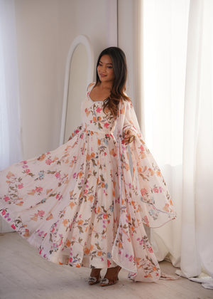 long sleeve floral georgette gown party wear