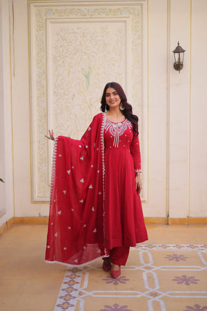 Red mal chanderi gown set with dupatta