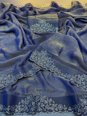 Close-up of saree border with diamond flower work