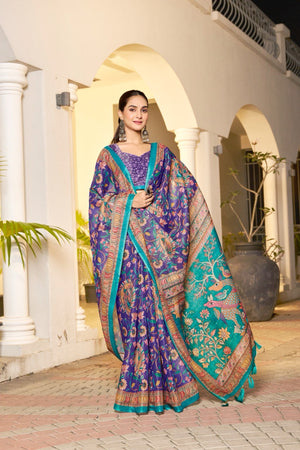 Royal purple handloom saree with peacock floral print