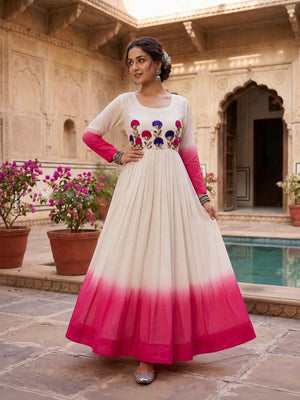 Pink embroidered georgette party wear gown for women
