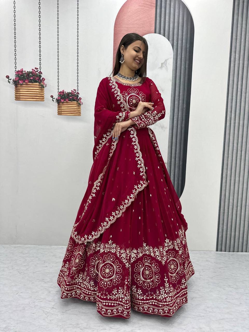 Maroon georgette lehenga choli front view