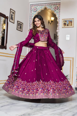 Wine Vichitra silk embroidered lehenga choli