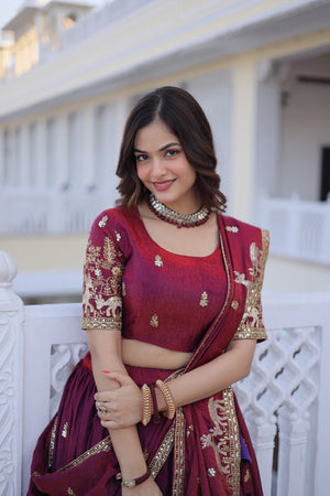 maroon Fendi silk lehenga choli with heavy zari embroidery