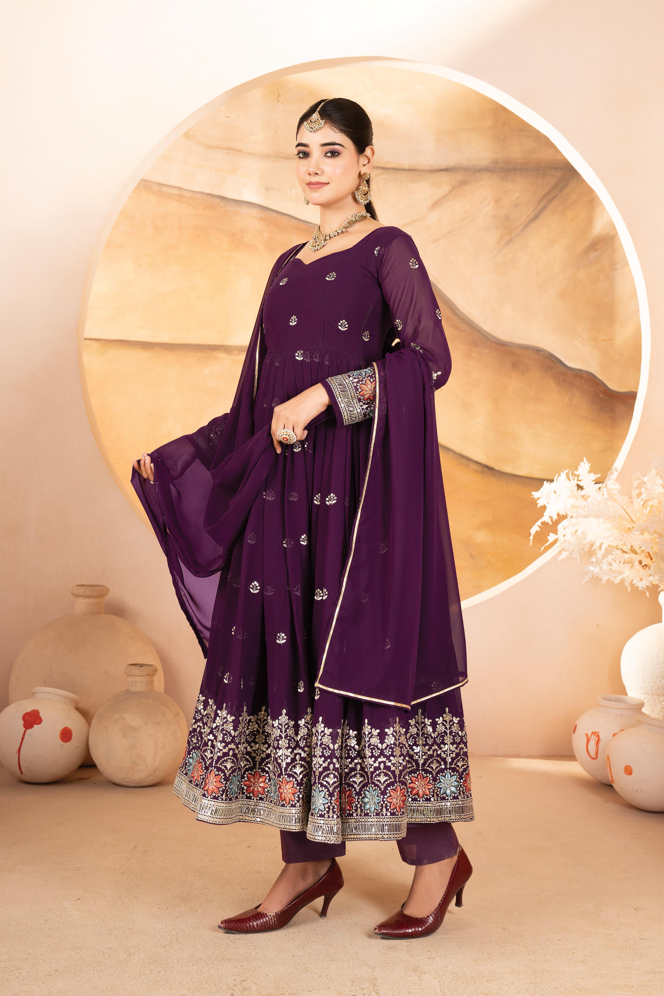 Purple embroidered Anarkali gown with dupatta