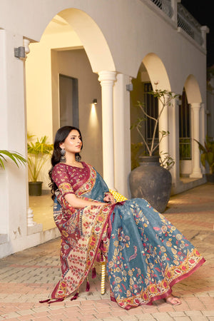 Teal blue handloom saree with maroon border