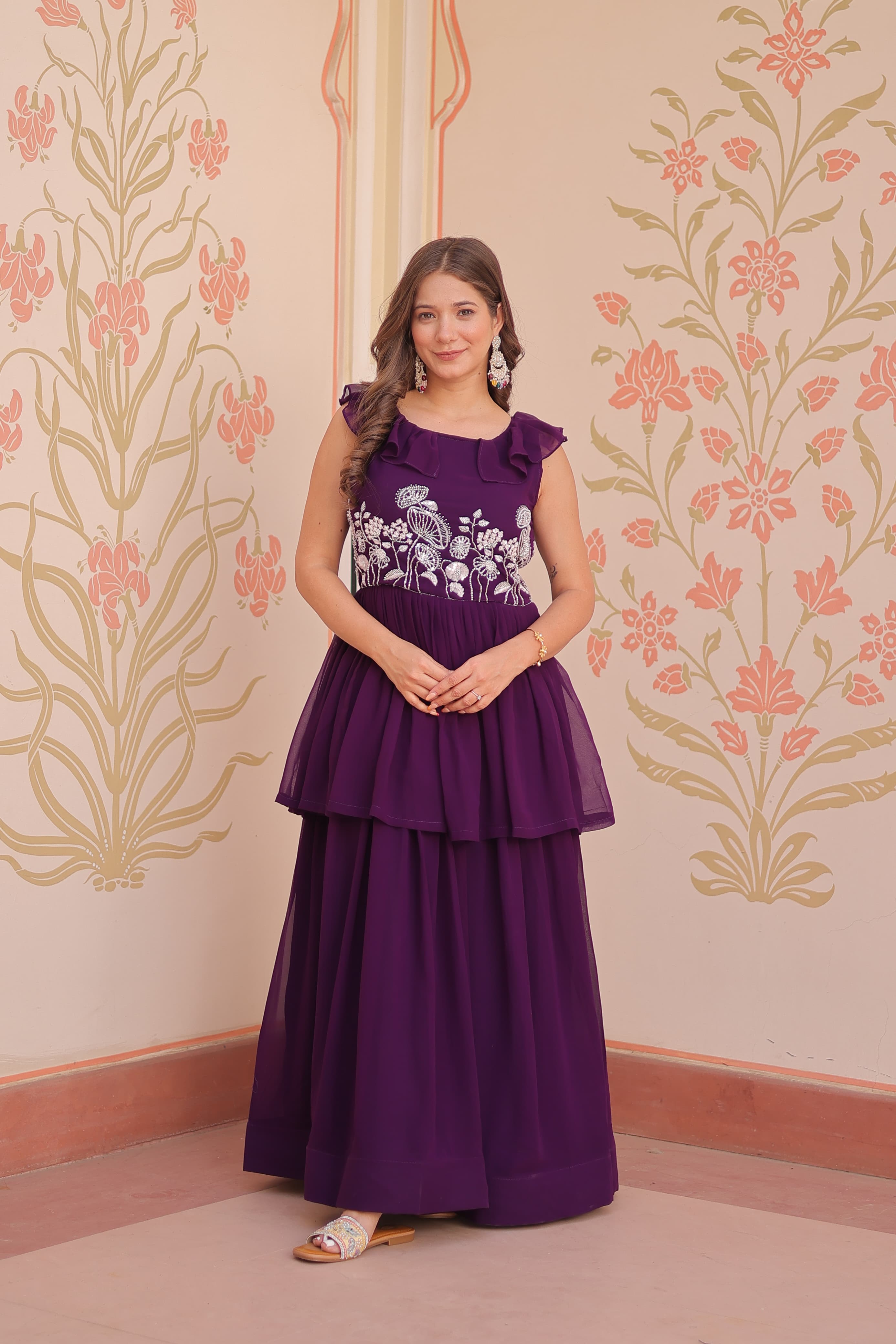 Stylish party wear gown with embroider