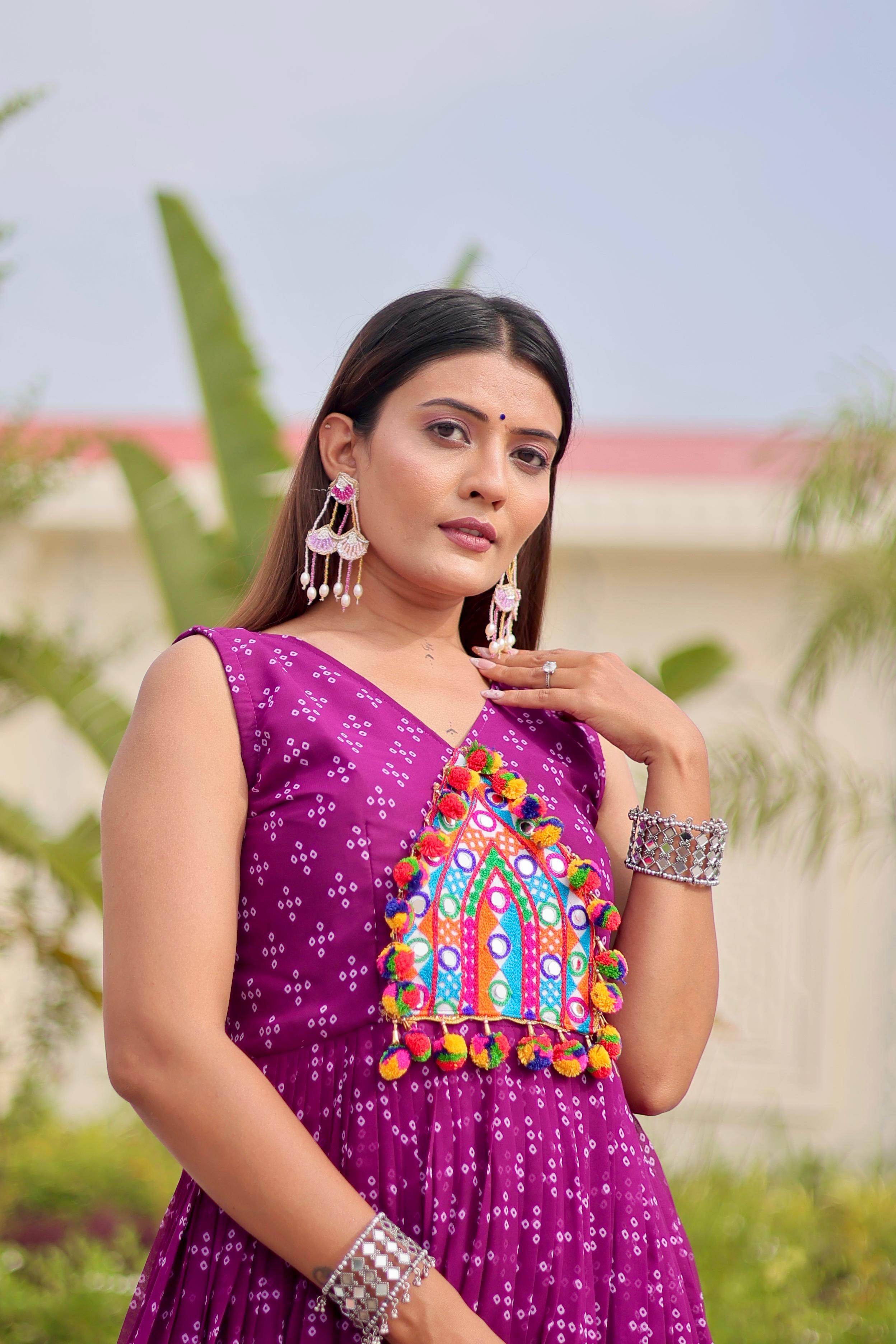 Purple faux georgette embroidered dress