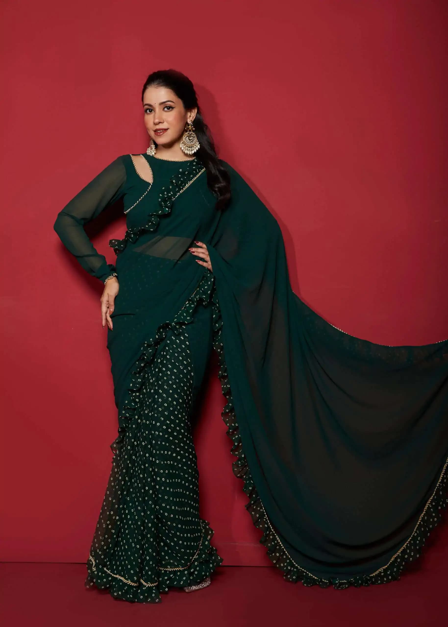 Ready to wear ruffle faux georgette saree in dark green