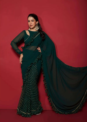 Ready to wear ruffle faux georgette saree in dark green