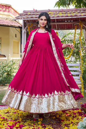 Pink faux georgette sequin embroidered gown front view