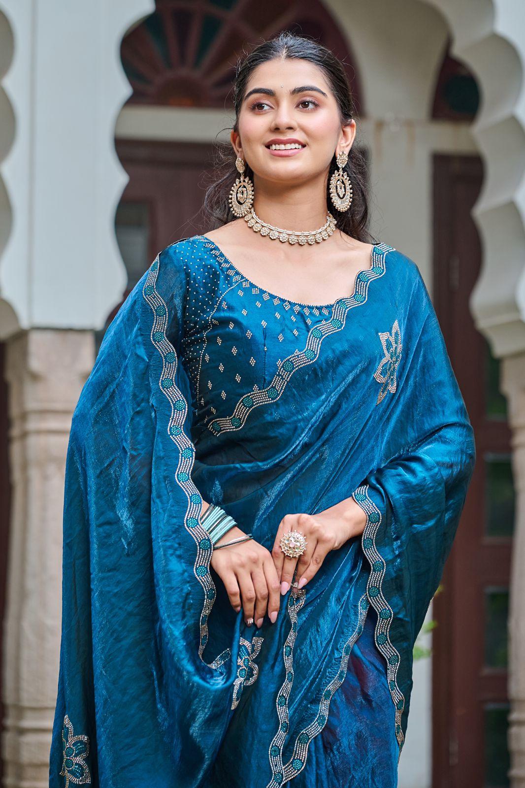 Elegant diamond embroidery on Fendy silk pallu