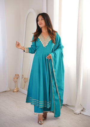 Festive wear teal blue ethnic gown set