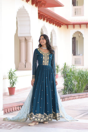 Designer teal blue gown with zari embroidery