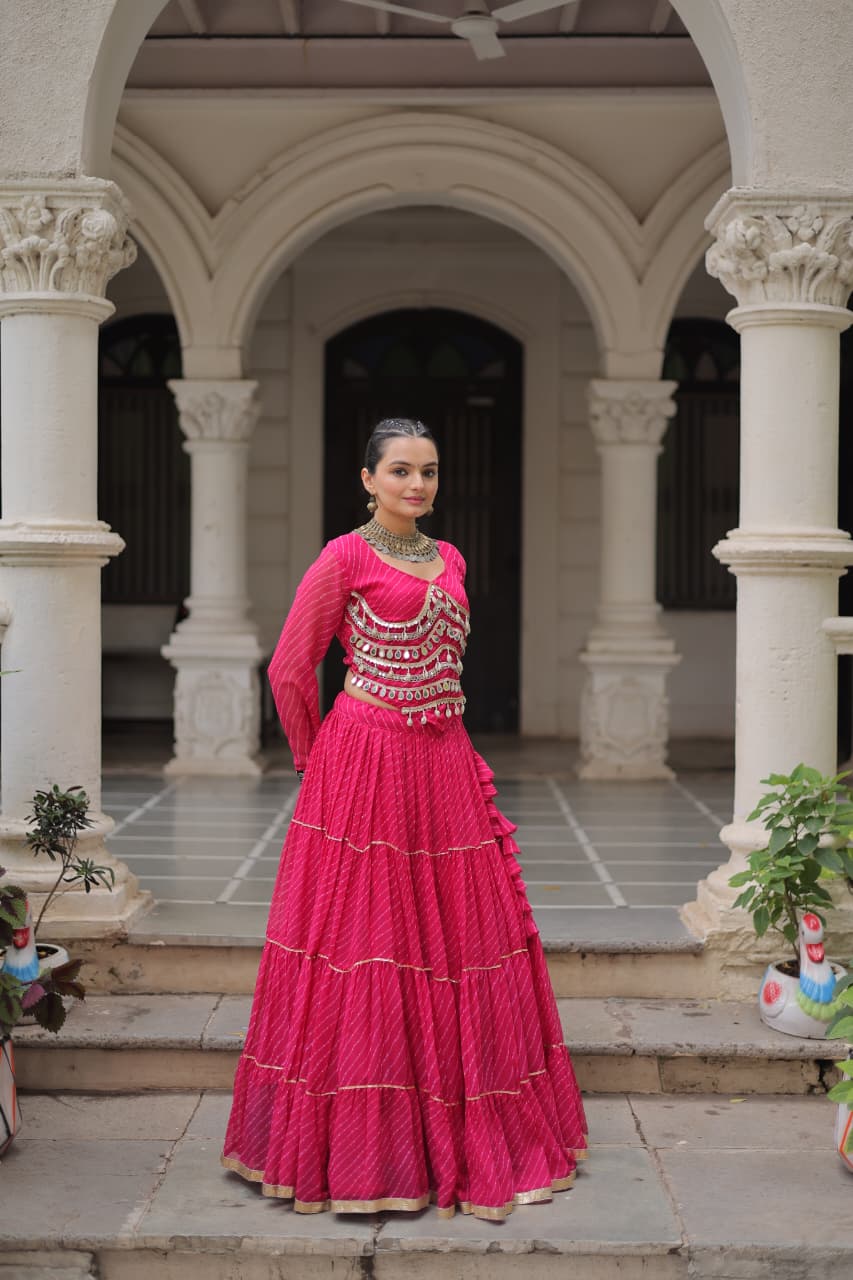 Pink Leheriya Lehenga Choli with Mirror Work