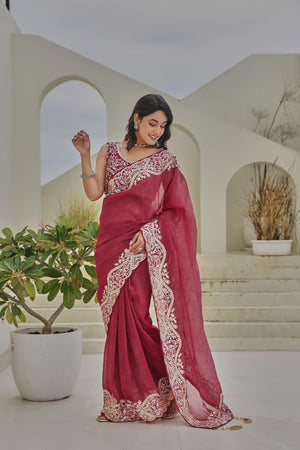 Silver Crunchi embroidered saree in wine colour