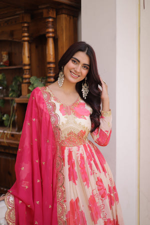 Festive wear floral long gown with dupatta