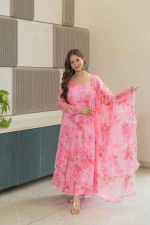 Close-up of floral print on organza fabric