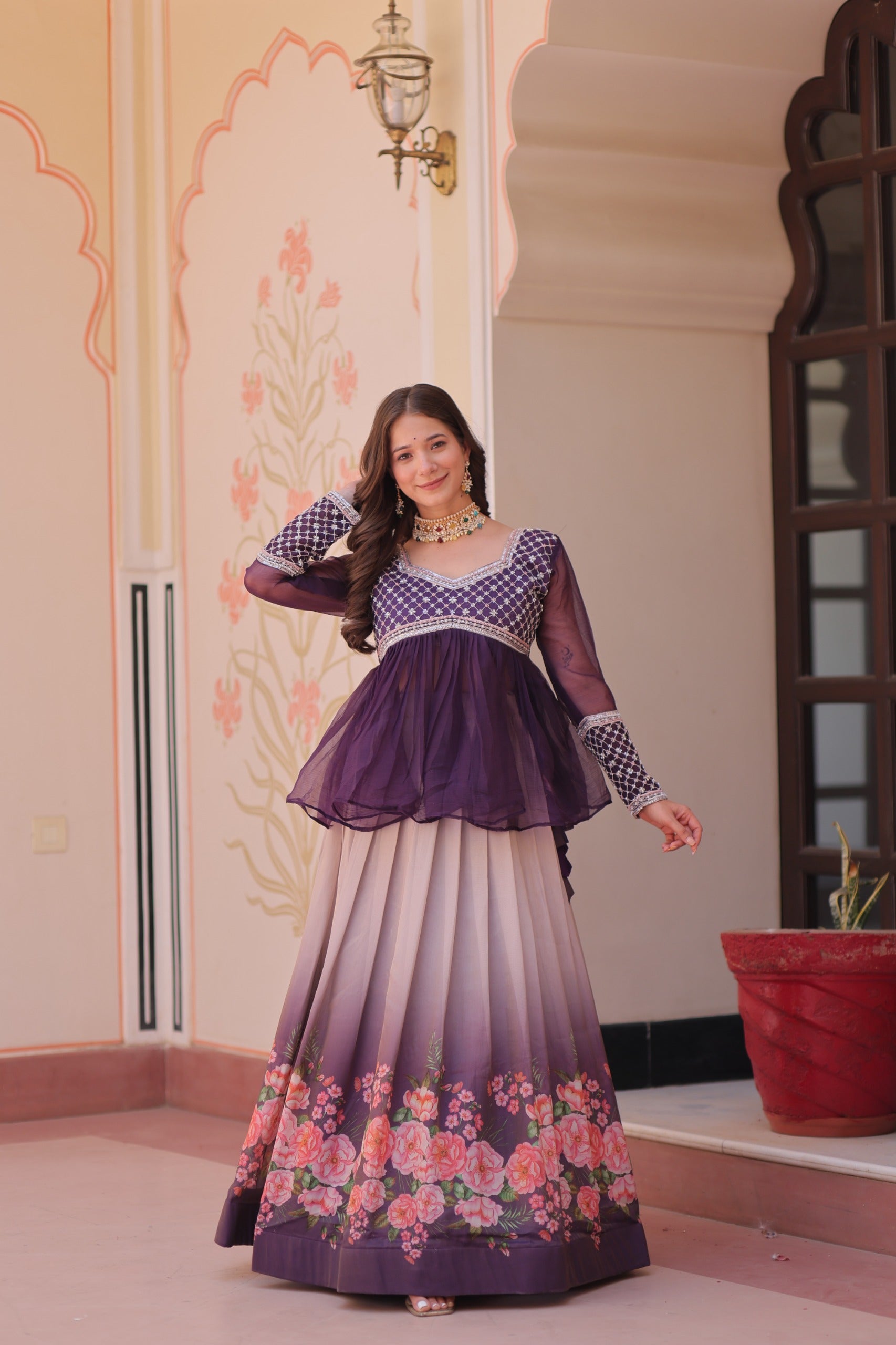 Purple Floral Print Lehenga Set with Embroidered Peplum Top – Fully Stitched Outfit