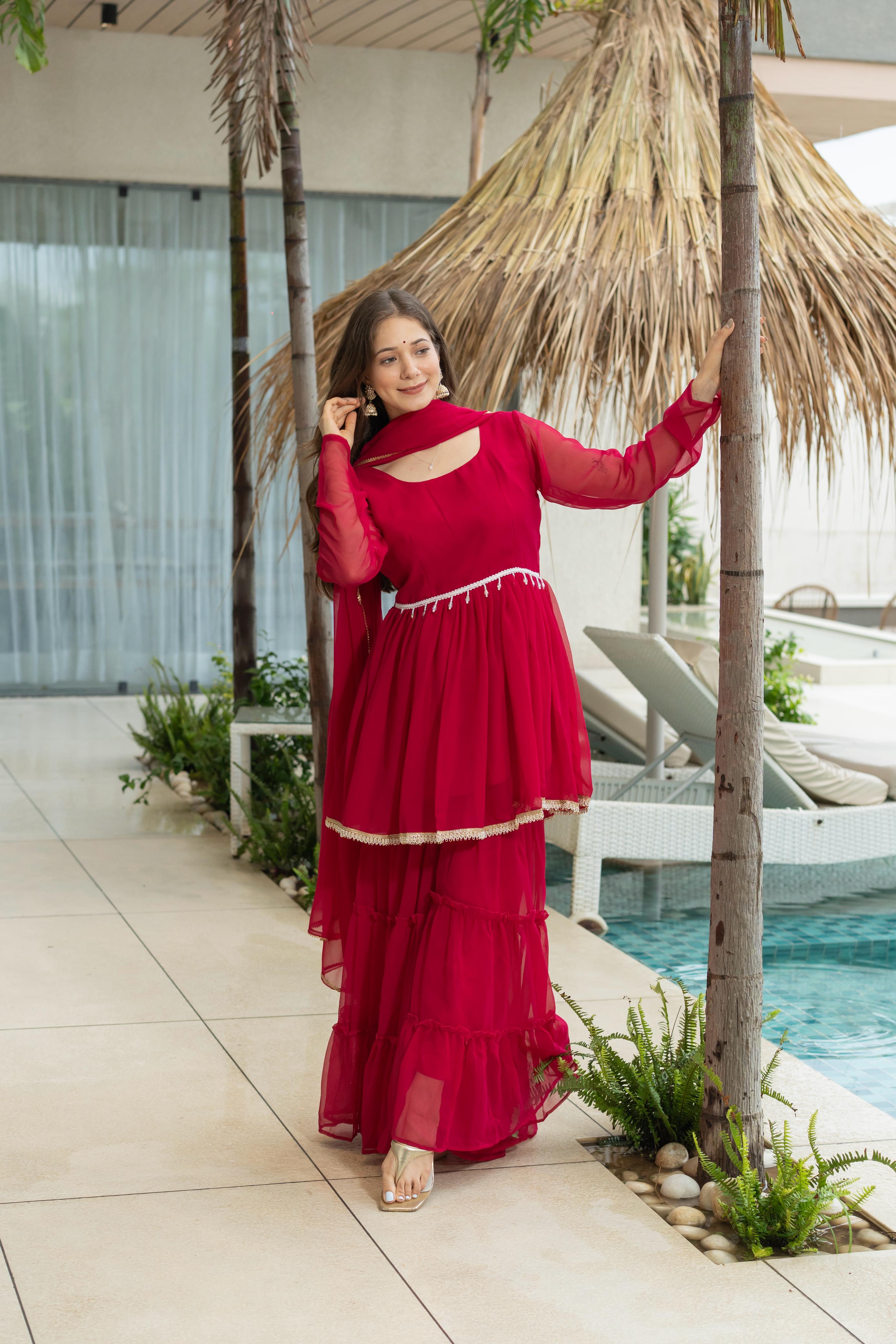 Designer Sharara and Dupatta with Lace Border – Flat Lay