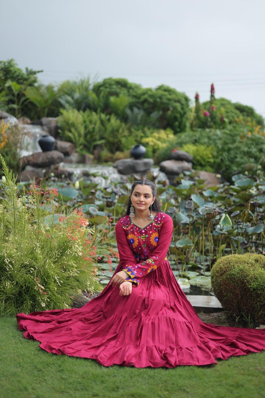 Maroon rayon gown with 4 layer frill stitch