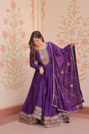 Star Georgette purple color gown with full-sleeve and embroidered work for parties