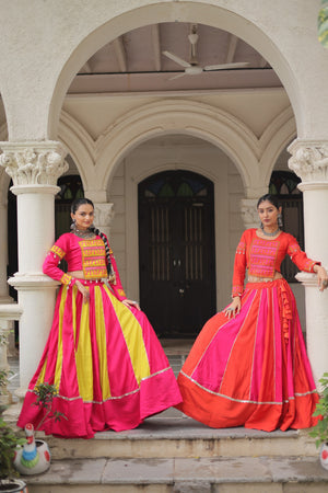 Roman fabric lehenga with mirror lace work