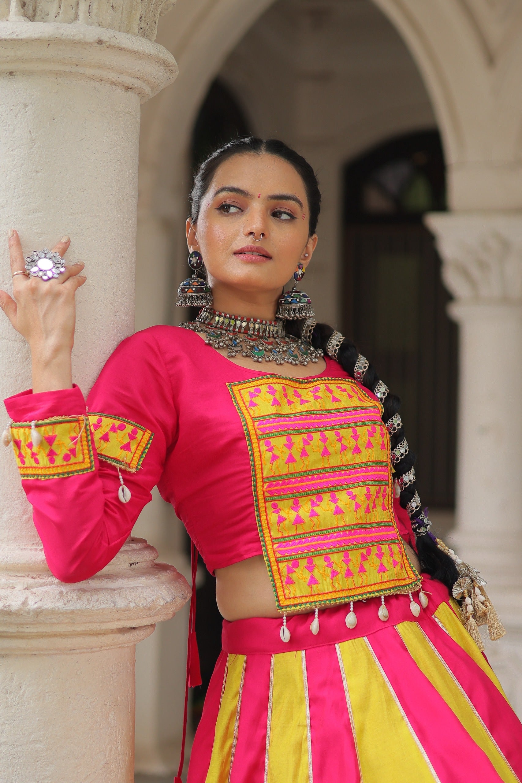 Bright Roman fabric lehenga for weddings