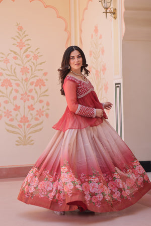Floral print lehenga in gajri color