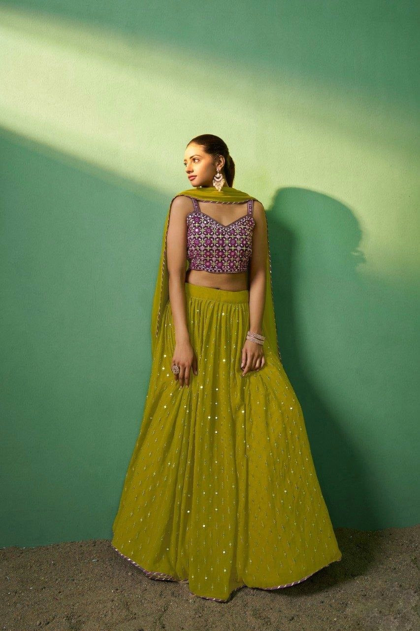 Green lehenga with 3-meter flair and lace dupatta