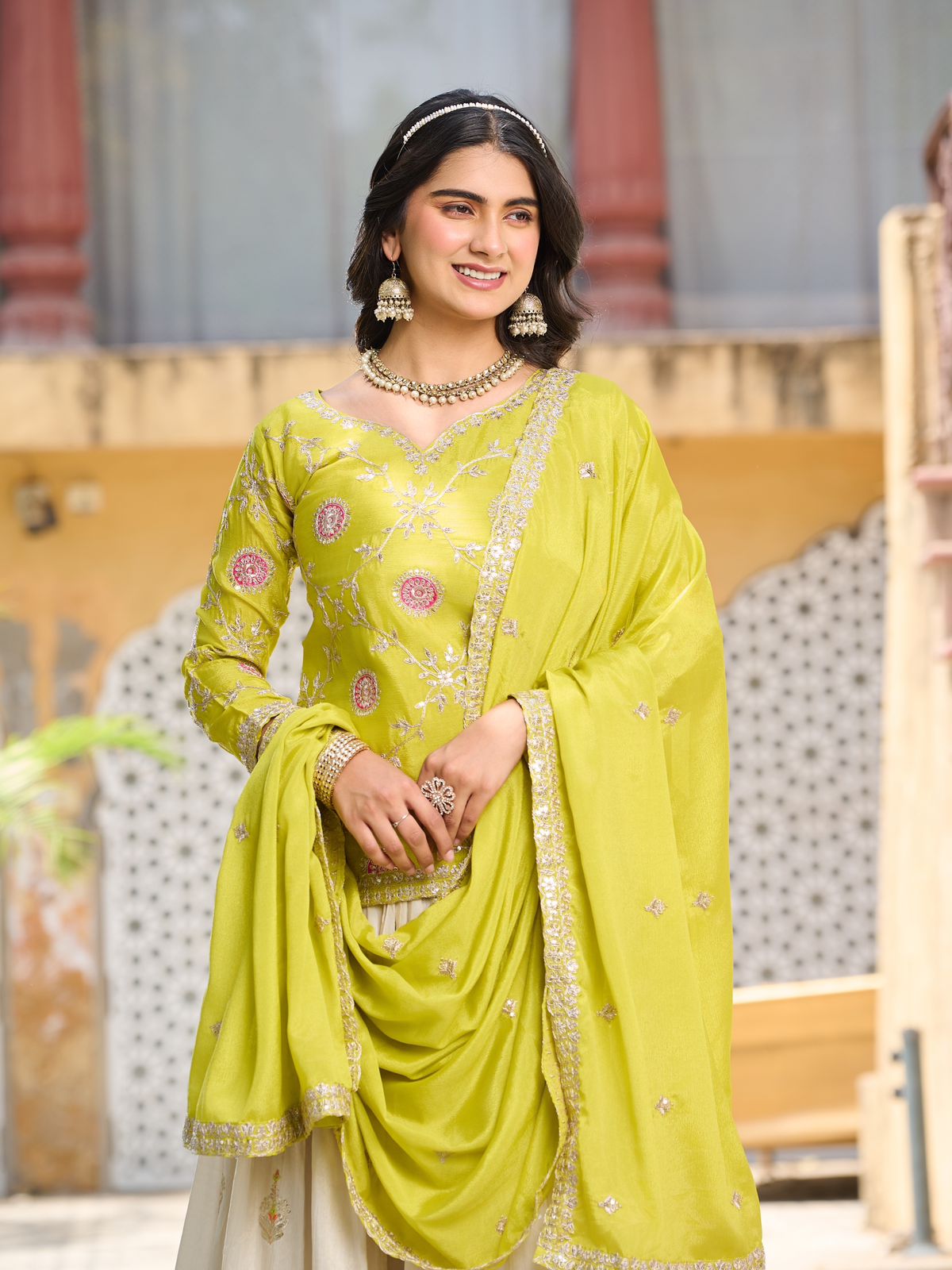 Green chinon kurti lehenga with sequence embroidery