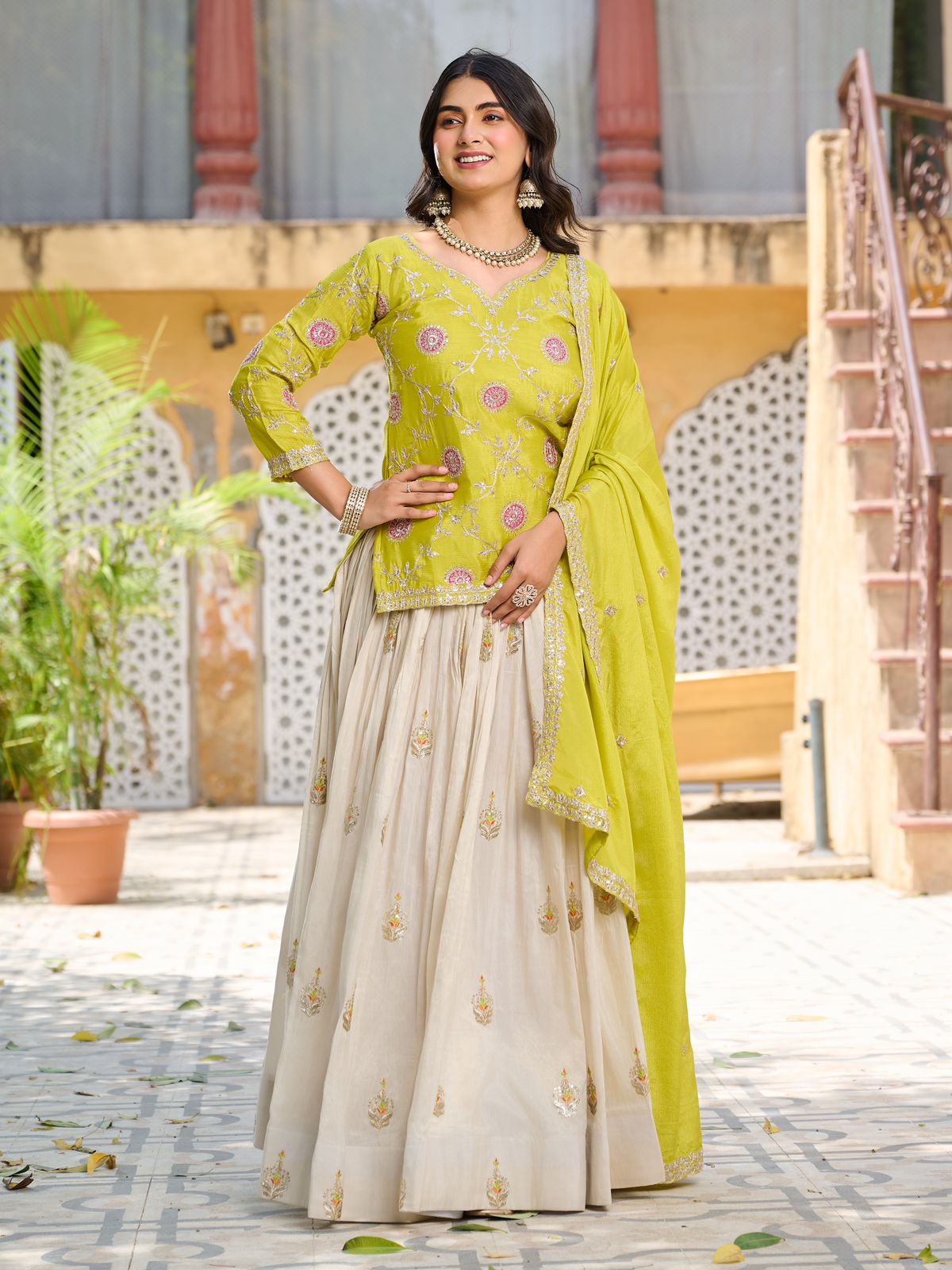 Green chinon kurti lehenga with sequence embroidery
