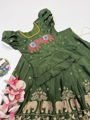 Green traditional outfit with elephant embroidery on a white background
