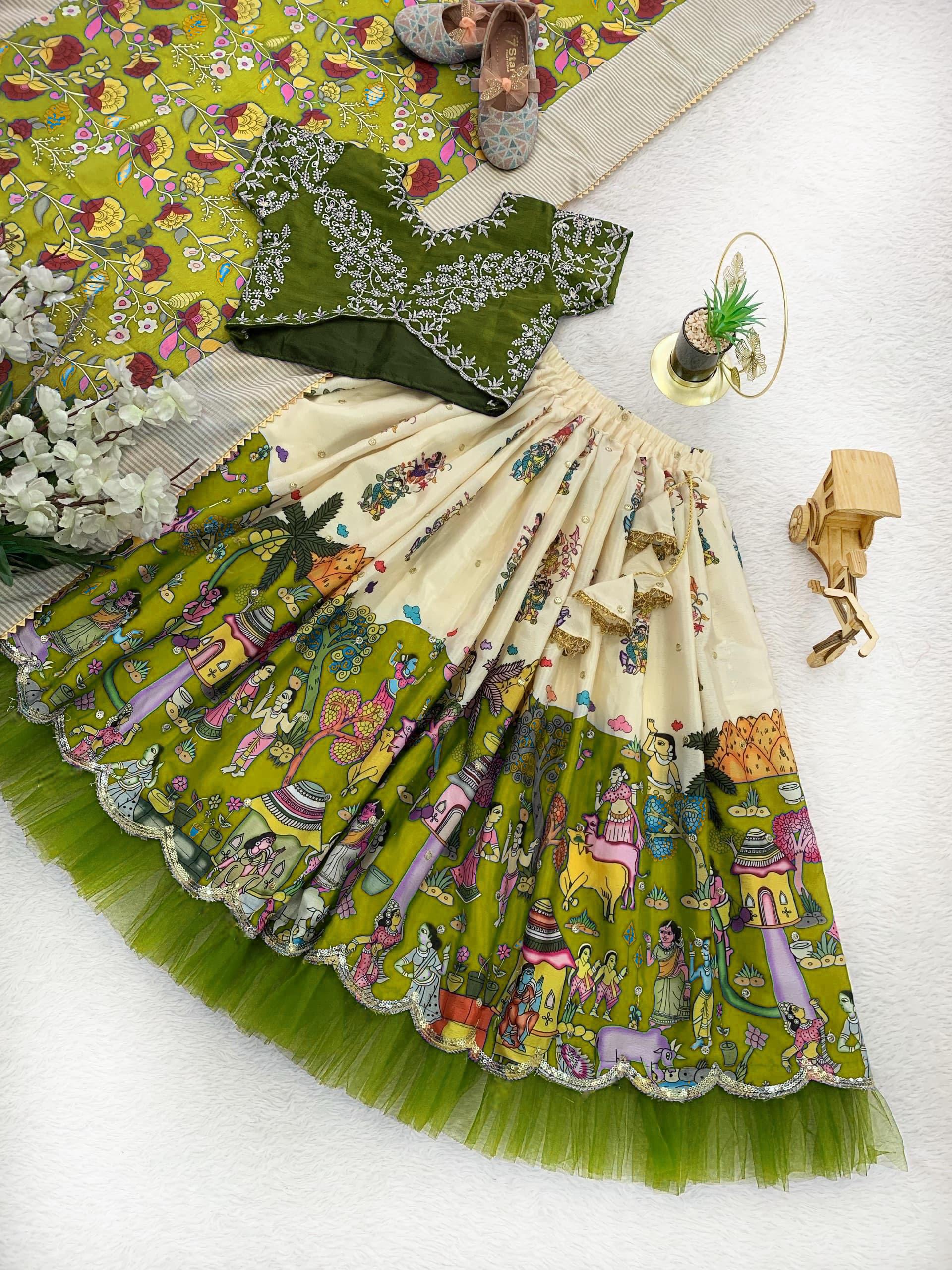 Traditional green and white patterned skirt with a floral mat in the background