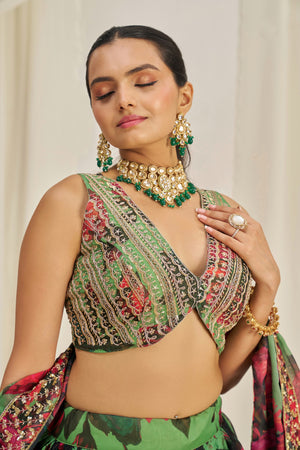 Close-up of sequin and dori work on lehenga blouse