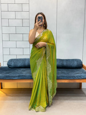 Green golden moss designer saree with shiny finish