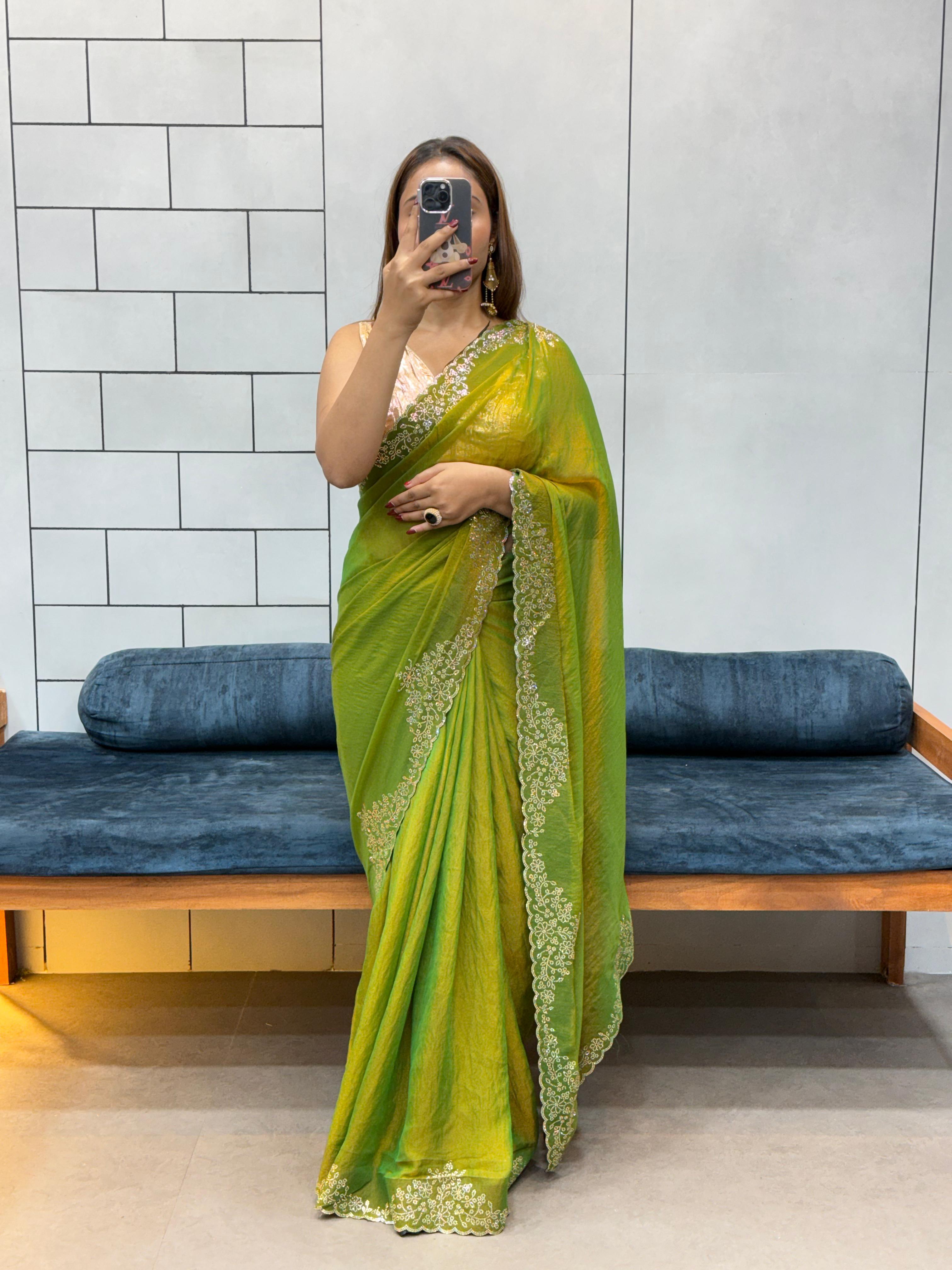 Green golden moss designer saree with shiny finish
