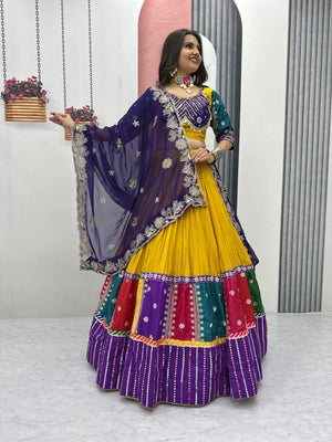Yellow blue purple embroidered lehenga choli set"