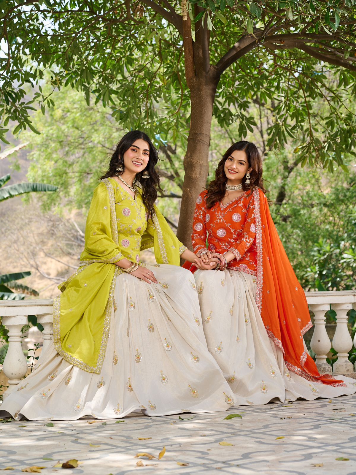 Green party wear chinon kurti and lehenga set