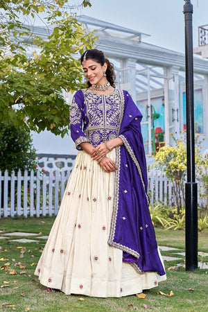 This embroidered lehenga choli with dupatta is designed for elegant party wear and traditional functions.
