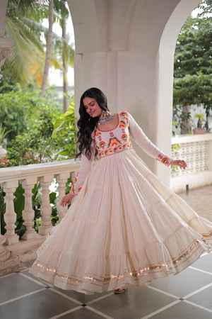 Off-white kora cotton gown with multi thread embroidery