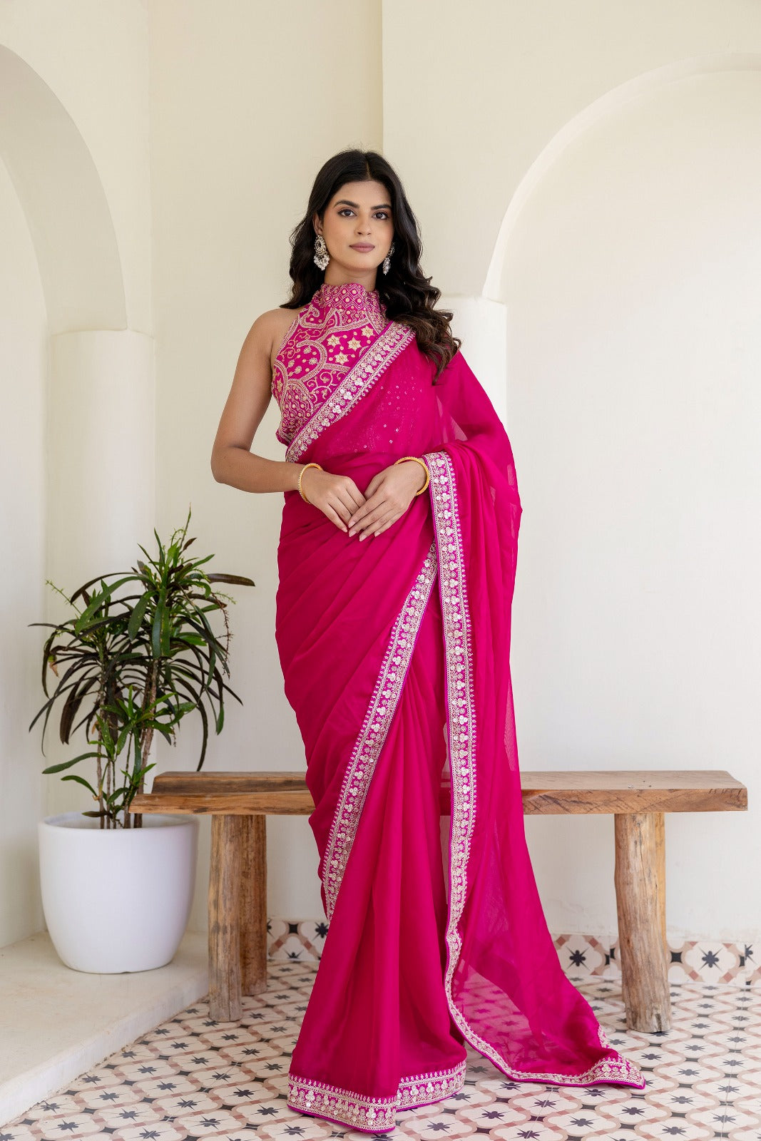 Hot pink Rangoli silk saree with embroidery