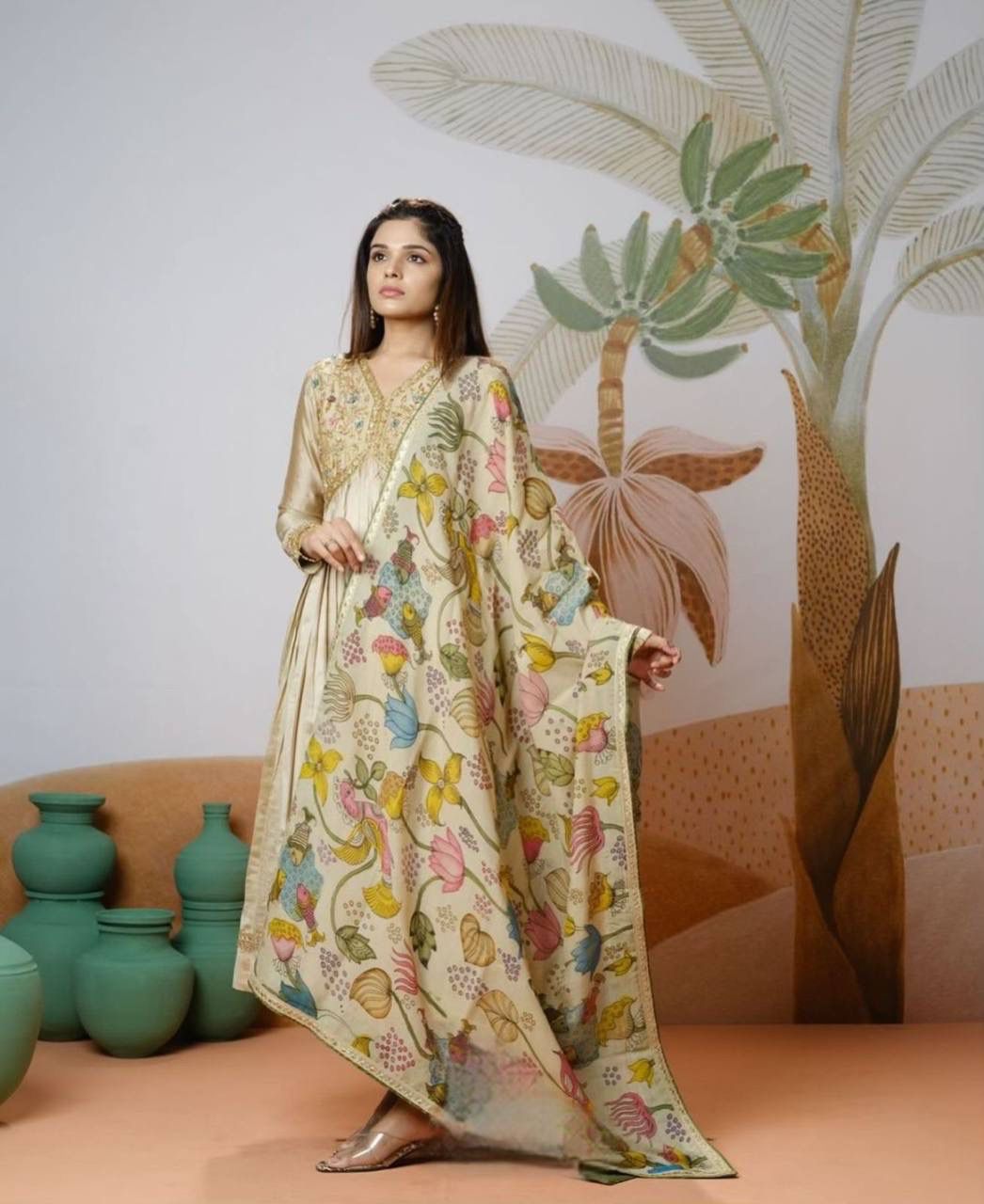 Elegant Beige Chinon Embroidered Suit Set with Kalamkari Print Dupatta – Fully Stitched