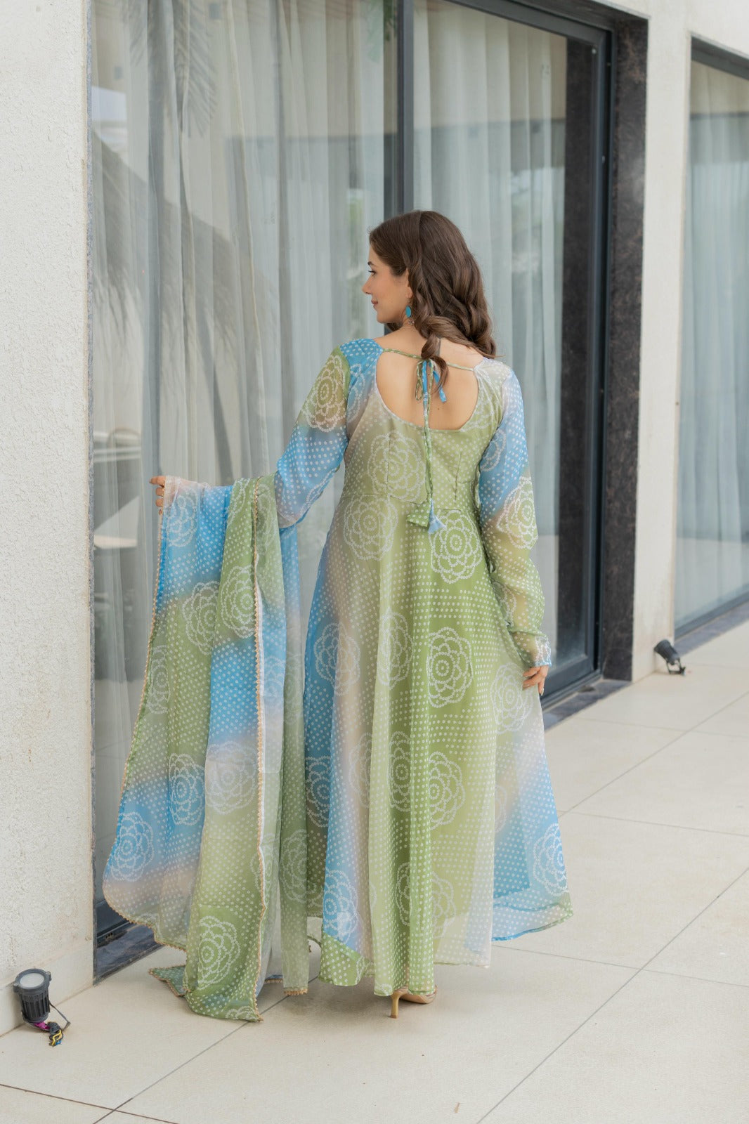 Traditional Indian Floral Umbrella Gown Set back view