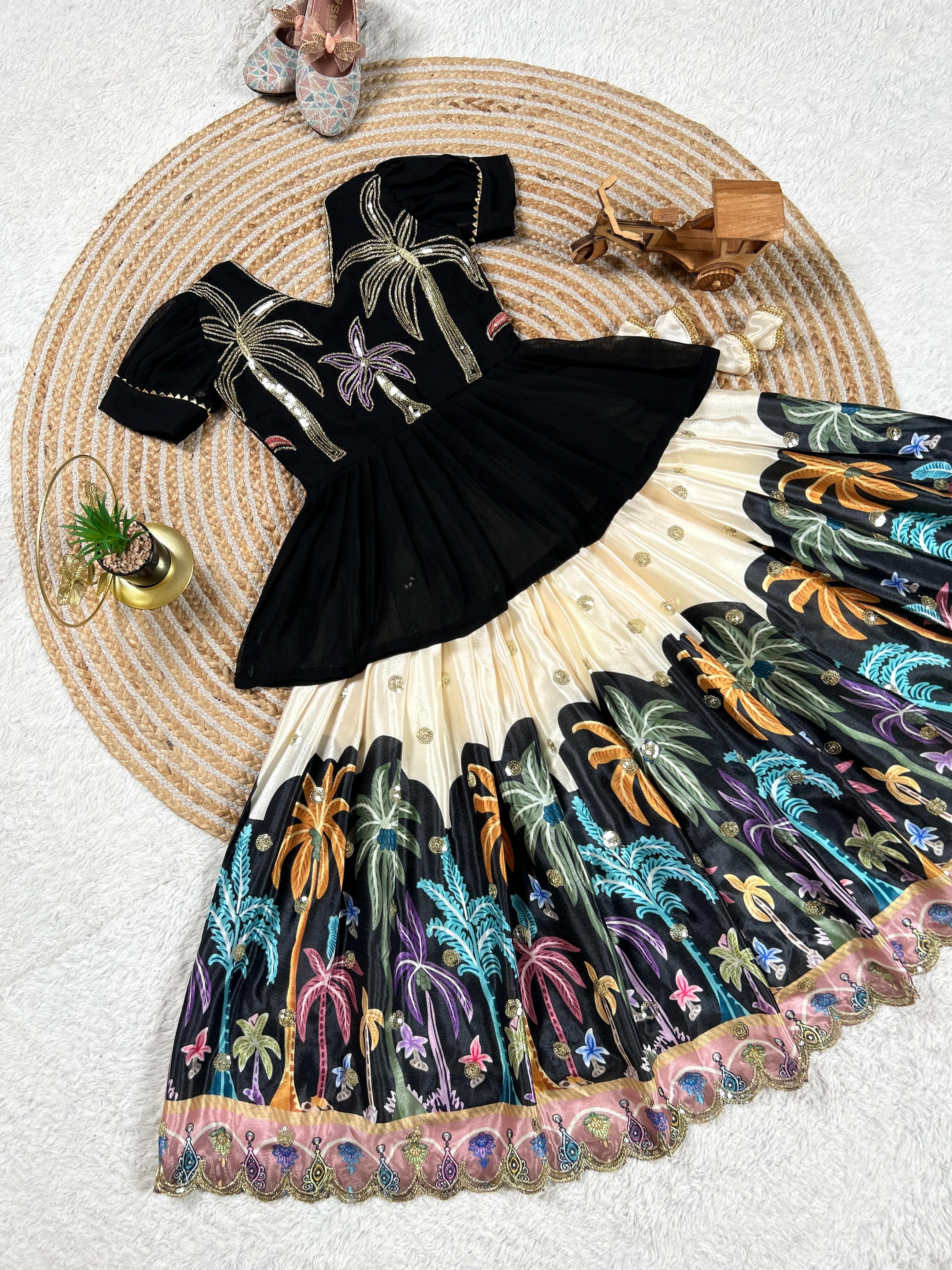 Kids heavy chinon silk lehenga with palm tree design