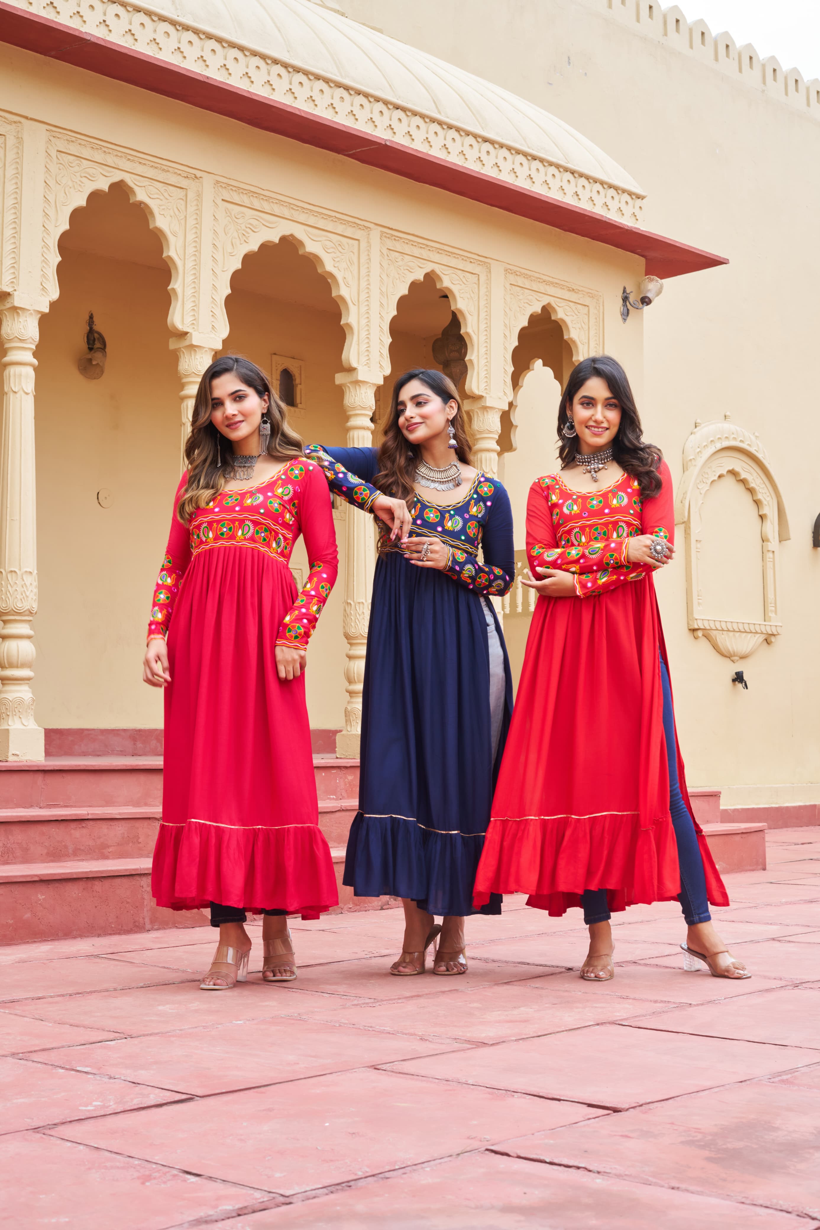 Group of women wearing Kutchi Gamthi work kurtis