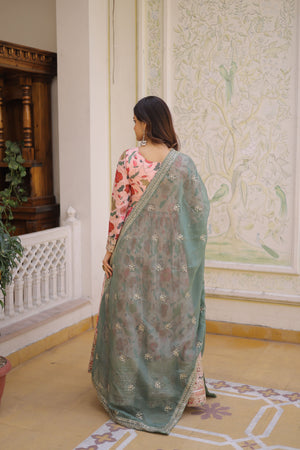 Designer floral gown with green dupatta